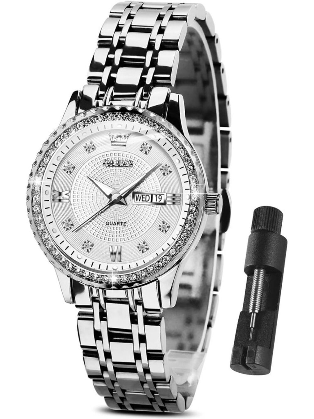 Women's All Silver Stainless Steel Luxury Ladies Waterproof Writs Diamond Watch